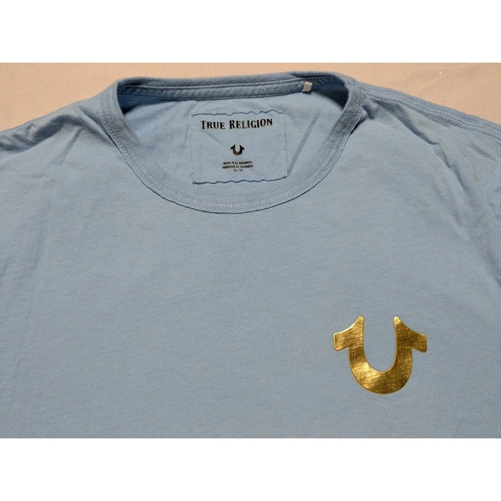 True Religion Gold Foil Buddha T-Shirt - Men XL Light Blue‎ Double-Sided